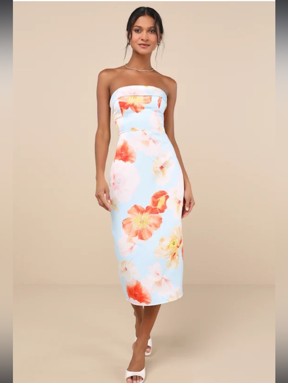NWT Lulus Oriana Light Blue Floral Satin Strapless Midi Dress Medium